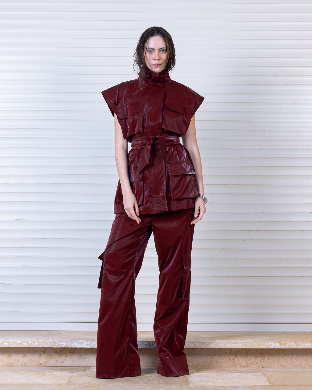 Burgundy Belted Vest and Cargo Set