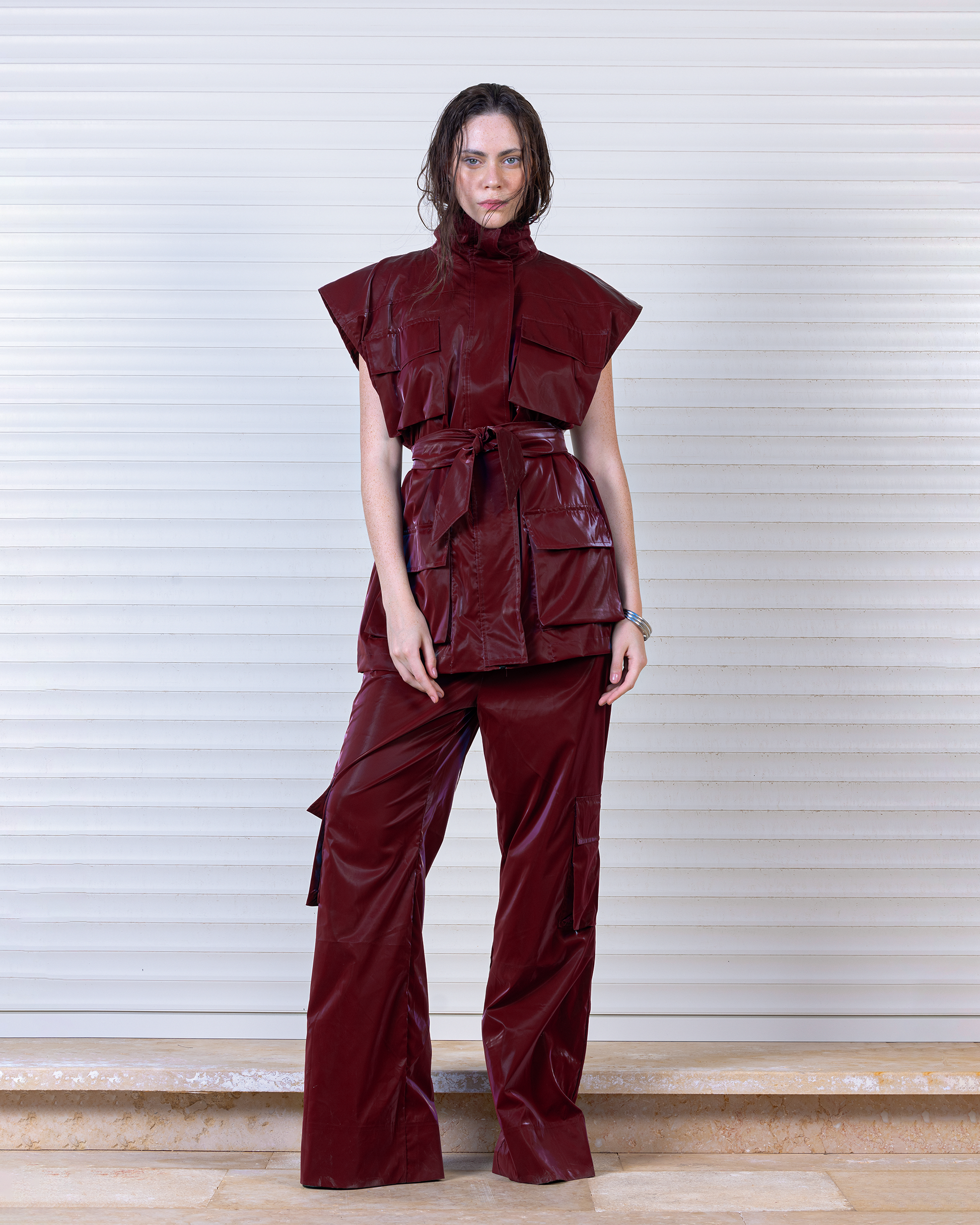 Burgundy Belted Vest and Cargo Set